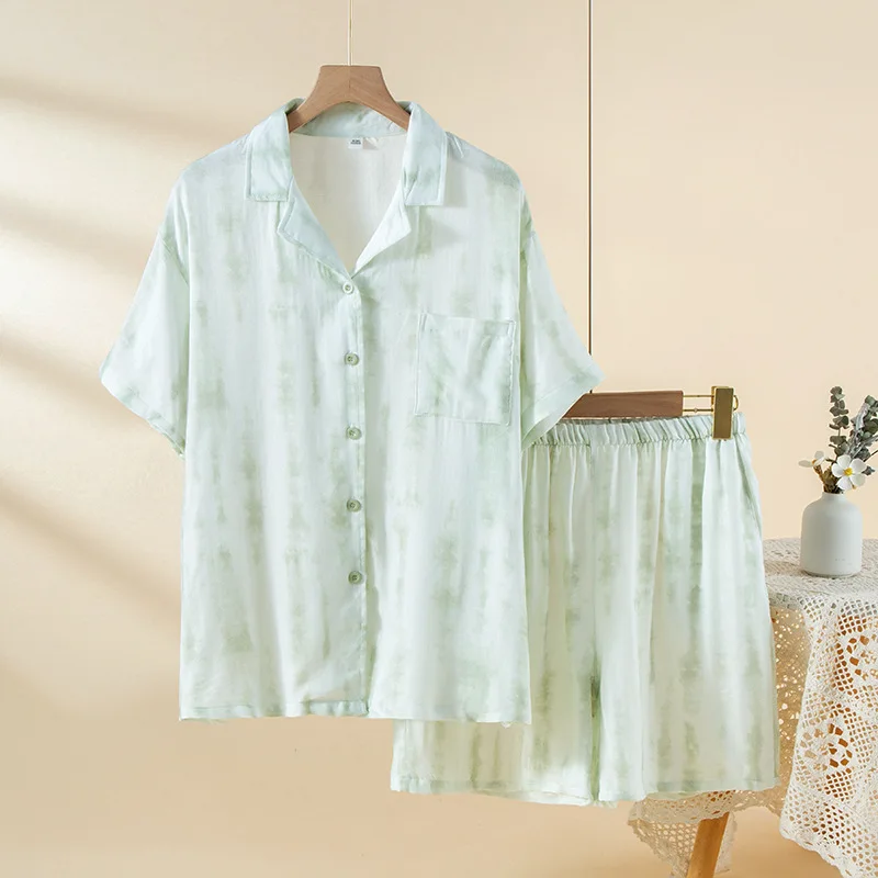 

2026 New Summer Women's Pajama Set Bamboo Fiber Cardigan Breathable Soft Tie Dyeing Short Sleeve Shorts Two Piece Home Clothes