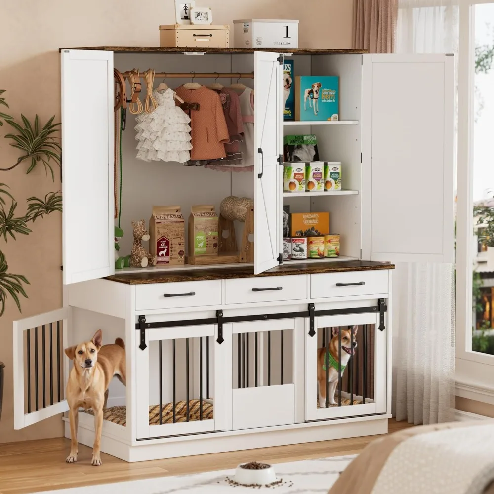 

Large Dog Crate Furniture, Indoor Dog Kennel with Wardrobe Closet, 3-Layer Storage Shelves, Wooden Decorative Pet