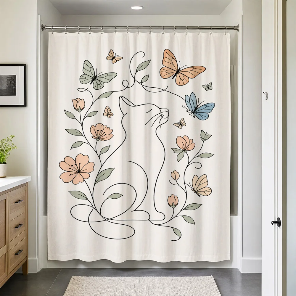 Waterproof Cat Floral Butterfly Shower Curtain Liner Decorative Bathroom Home Decor Cute Animal Print Shower Screen Accessories