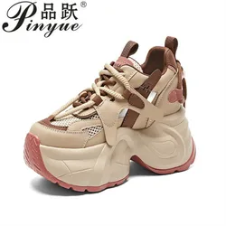 9cm Air Mesh Genuine Leather Vulcanize Wedge Chunky Casual Breathable Summer Ladies Fashion Platform Shoes Women Sneakers 31 40