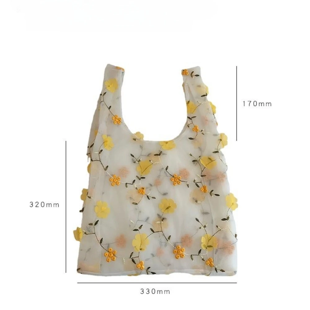 Women\'s Transparent Foldable Mesh Shopping Bag Daisy Embroidery Handbag Multicolored Flower Tulle Fruit Bag Travel Tote Pouch