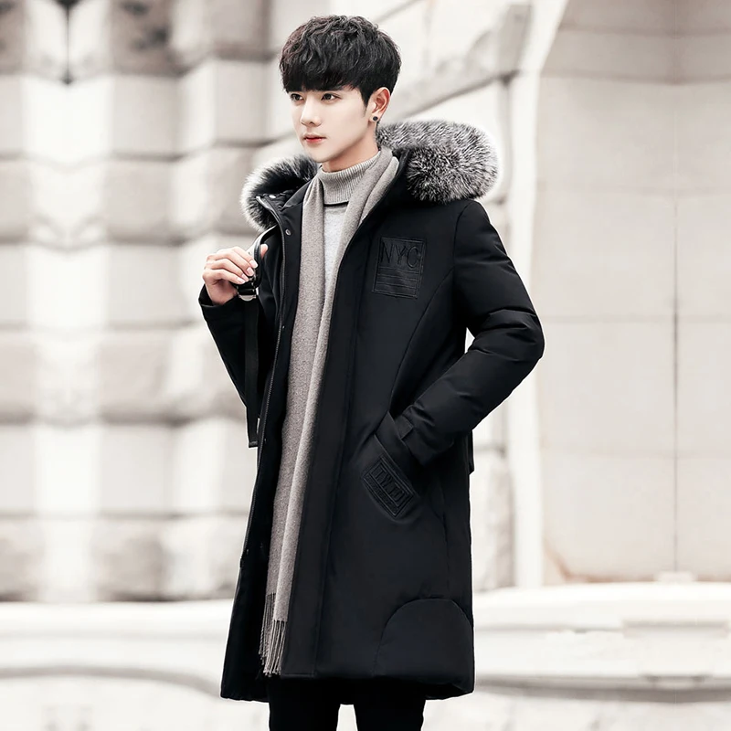 

Winter Thiened Hooded Men's down Jaet Youth White Du Feather Warm Casual Cold-resistant Outerwear Long Sle Poly Fiber