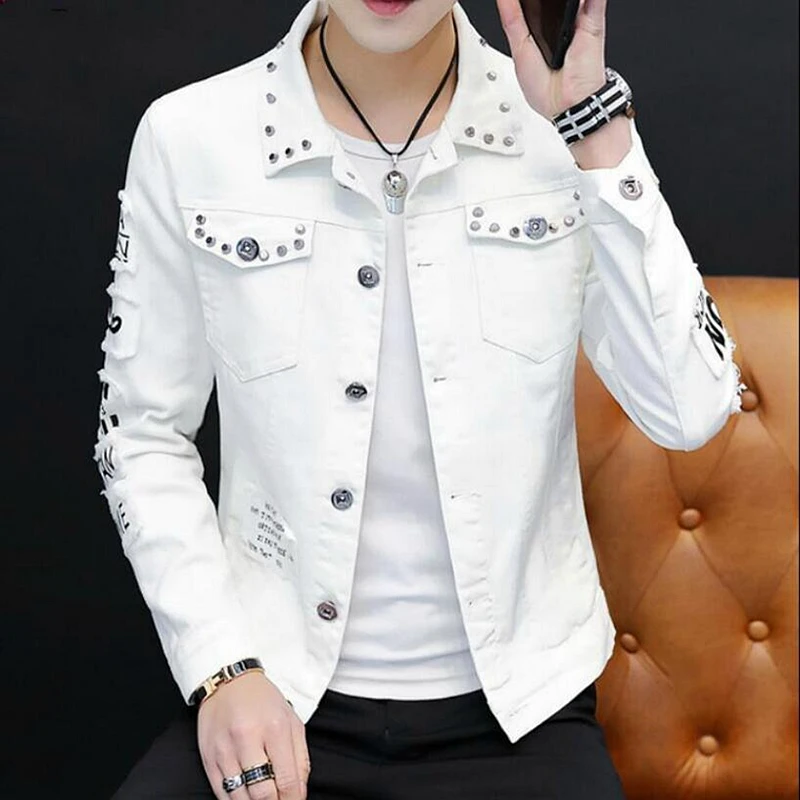 2022 White Denim Jacket Men Rivet Motorcyle Basic Coat Streetwear Hip Hop Bomber Jacket Cowboy Men's Jean Jacket Chaqueta Hombre