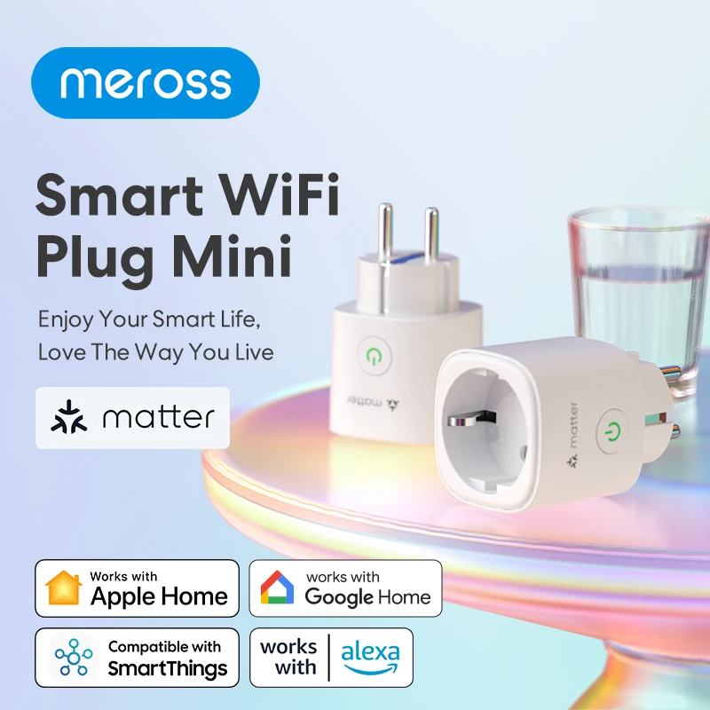 Meross 2 Pack 16A Matter Smart Wi-Fi EU Plug with Energy Monitor Function Work with Apple Homekit Google Home Smartthings Alexa