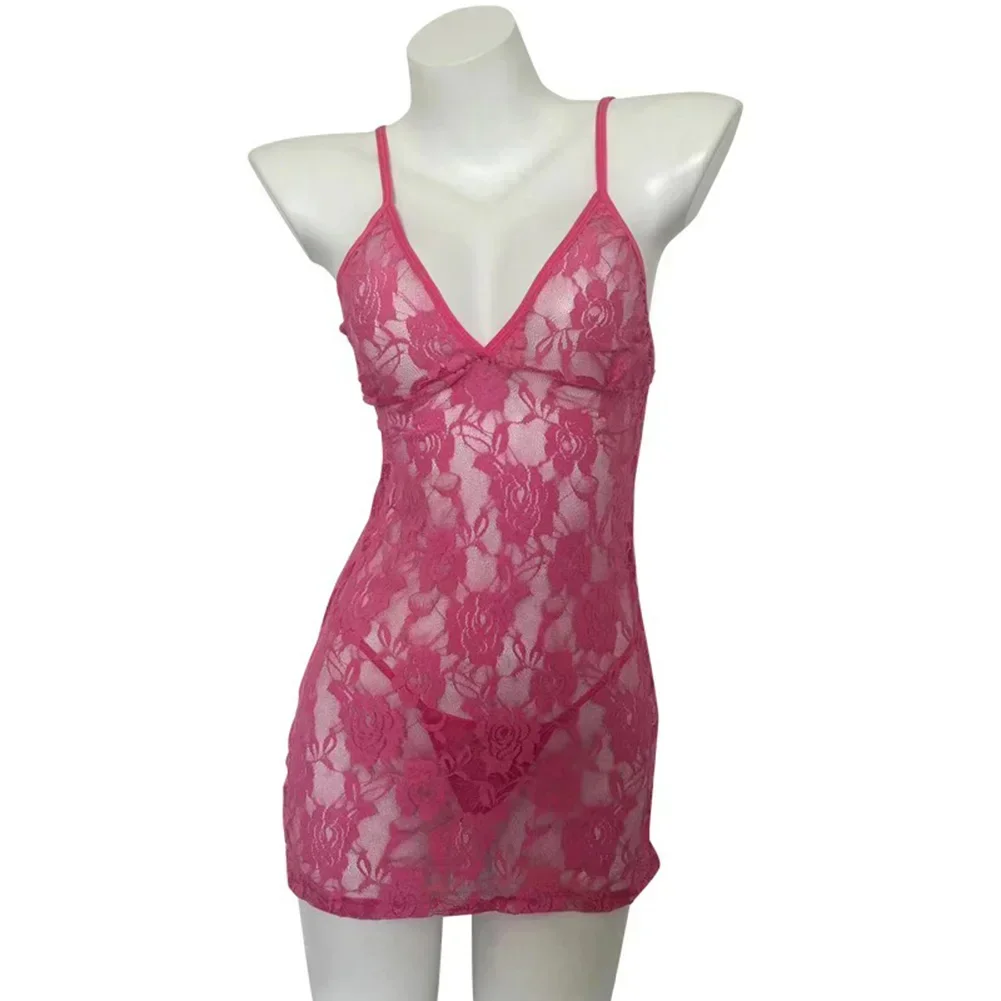 Lace SeeThrough Suspender Dress Thong Set Hot Girl Slim Sexy Lingerie Women Rose Red/Black/White Bed Robe Flower Pattern