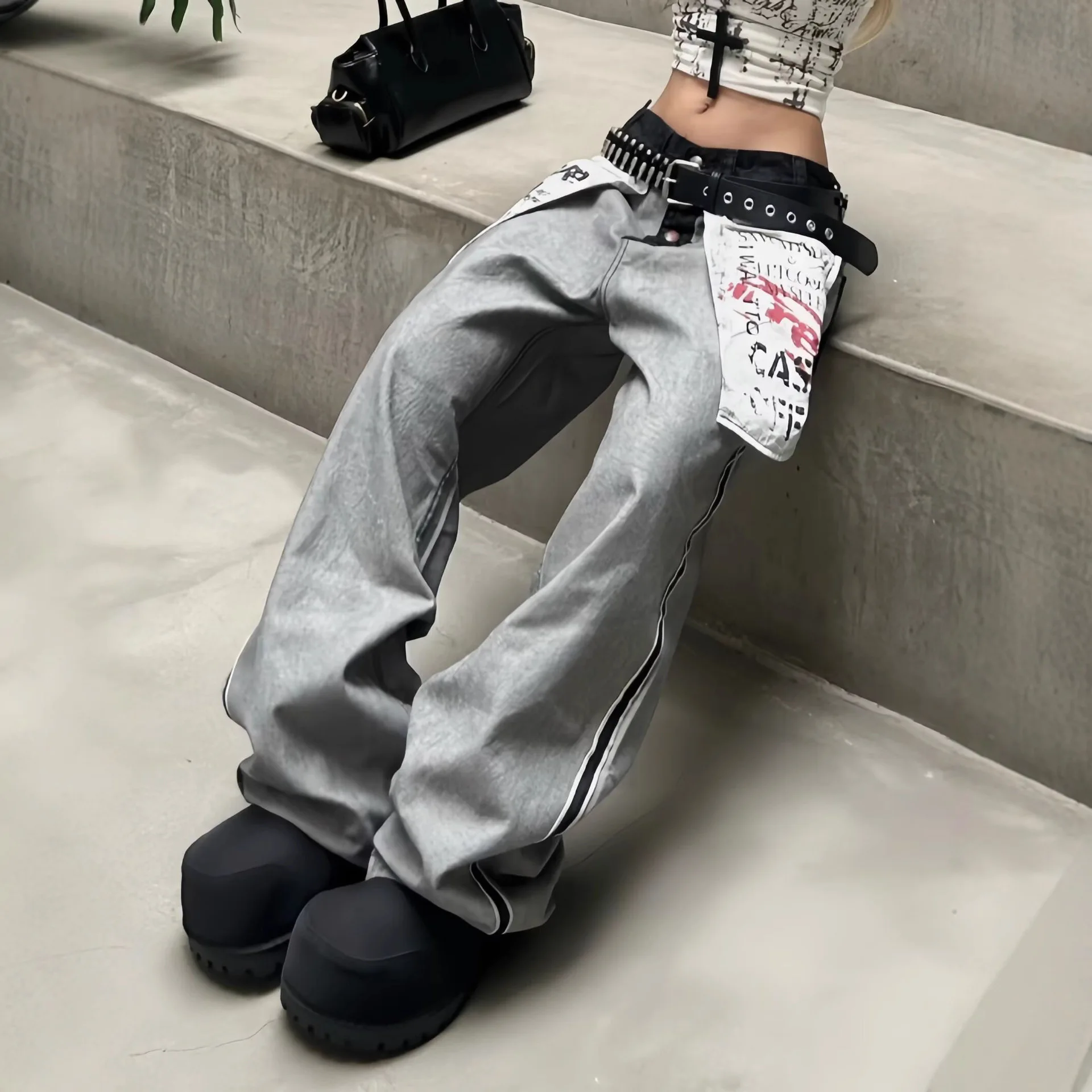 

Vintage Pocket Print Splicing Wide Leg Jeans Female Loose Hottie Hip Hop Pants