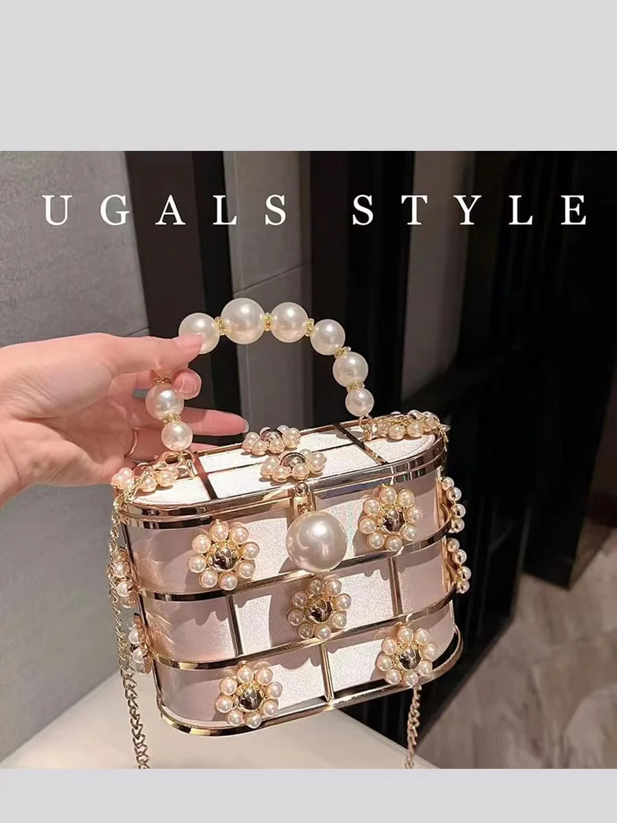 Luxury Fashion Hollow Out Gold Metal Cage Pearl Beading Women\'s Handbag Evening Bag Wedding Party Clutch Purse Crossbody Bag