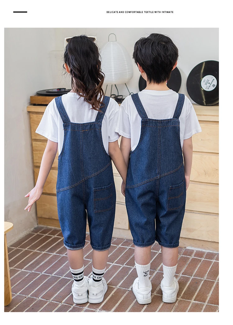Elegante Kinder-Jeans-Overalls in Blau mit Taschen für den Alltag, Sommerkleidung für Jungen und Mädchen. – Detail 5