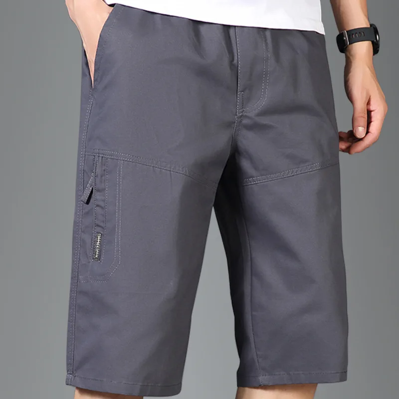 Summer Loose Casual Straight Pure Cotton Shorts Male Solid Color Fashion Pocket Knee Length All-match Pants Men Short Trousers