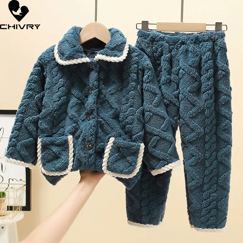 New Kids Boys Girls Autumn Winter Thicken Warm Flannel Pajama Sets Baby Single-breasted Lapel Solid Sleepwear Pyjamas Clothing