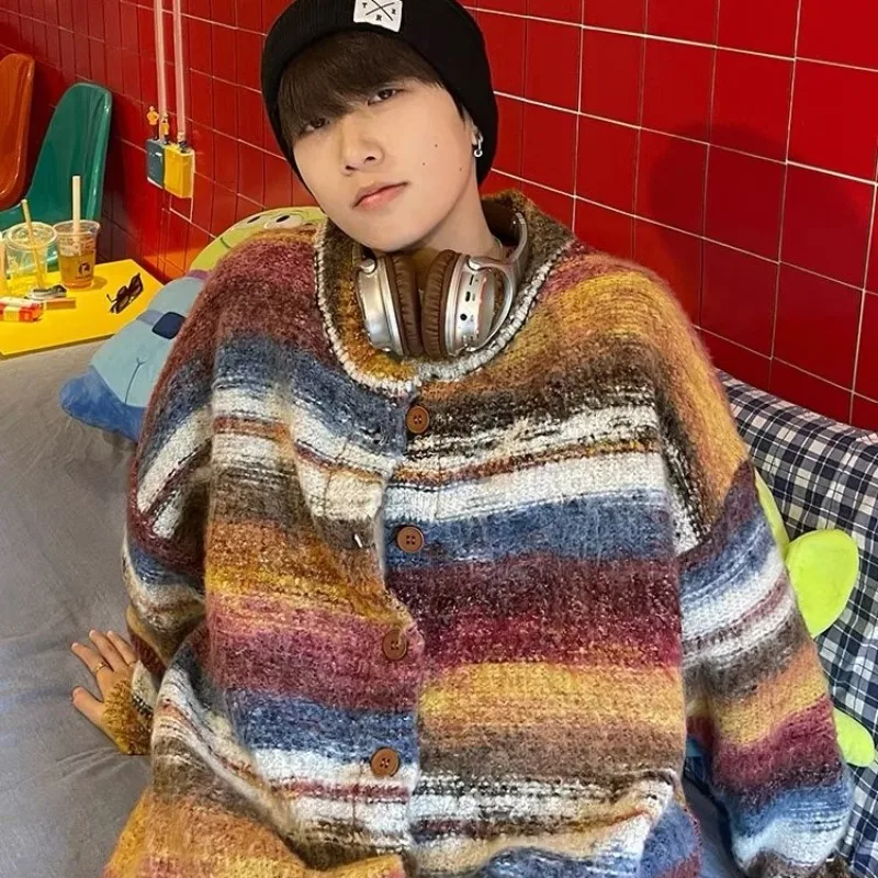 

Men's Oversized adient Color Blo Striped Knit Cardigan Sweater Autumn Winter Loose Fit Polyester Fiber Long Sve Baseba...