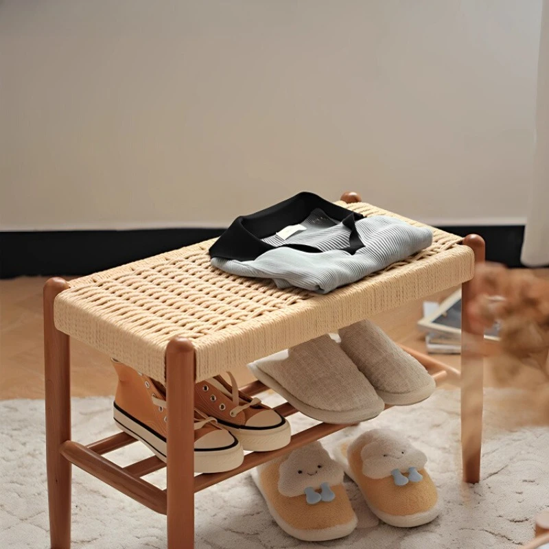 

Minimalist Wood Woven Shoe Bench, Entryway Storage Stool, Long Footrest for Bedroom or Living Room, Durable Sofa Side Stool