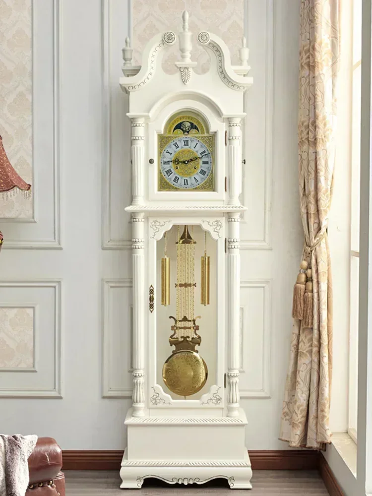 

Retro the Grandfather Clock Living Room Solid Wood Vertical Bell Mechanical Villa Pendulum Clock White Clock