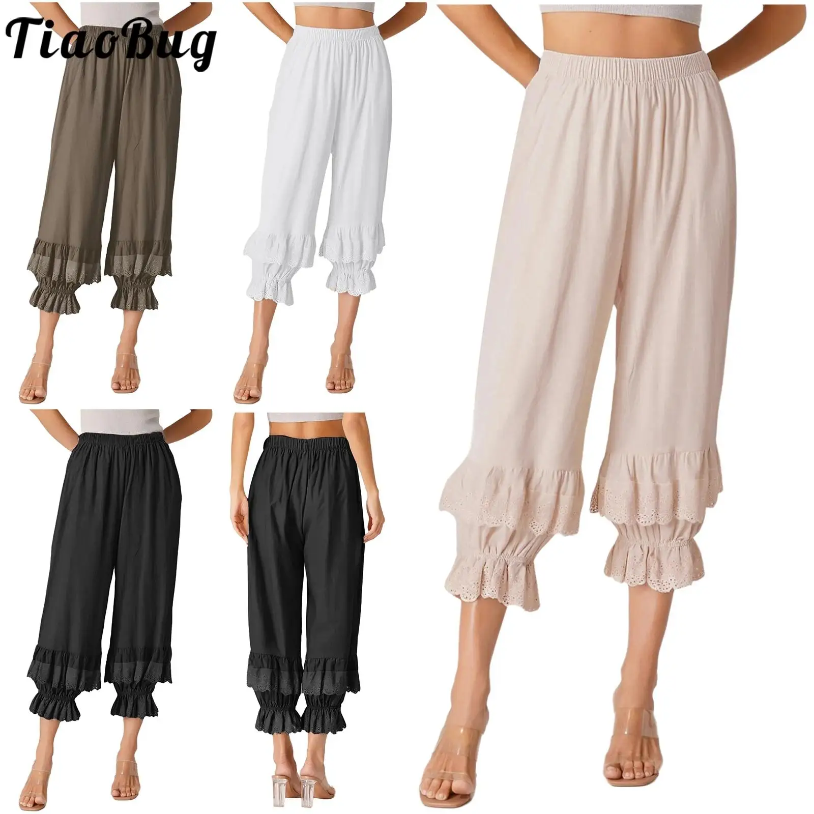 

Women Bohemian Loose Fit Pants Ruffled Lace Elastic Waist Lantern Trousers Pastoral Style Pants for Daily Wear Weekends