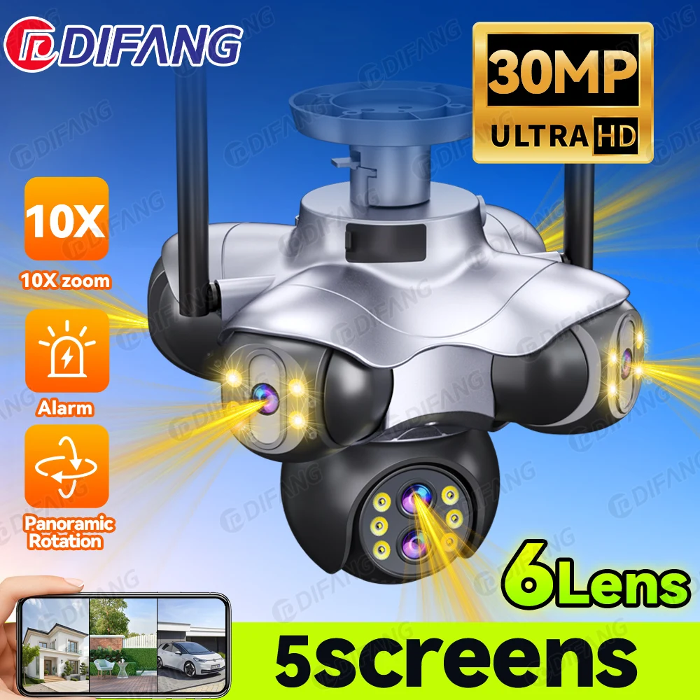 

30MP 6 Lens Five Screen Panoramic WiFi Camera 10X Zoom CCTV Cam Security Protection 720° Home WiFi Security Cameras