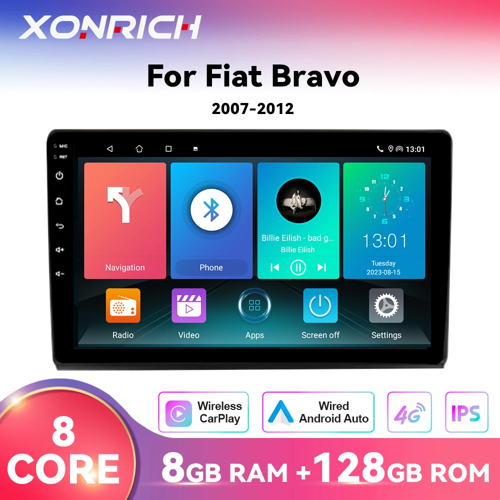 1280*720 IPS Schermo Wireless CarPlay Android 14 Lettore di autoradio per Fiat Bravo 2007 -2012 8 Core Multimedia 4G Wifi GPS DSP RDS
