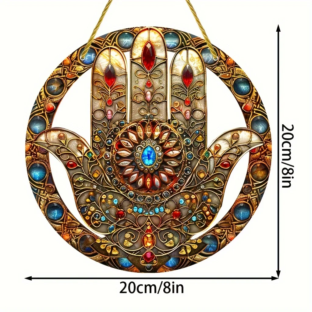 Ręka Fatimy Suncatcher-Boho akrylowa dekoracja wisząca na ścianę, religijna motyw Hamsa ręcznie tablica, ogród, ganek, sztuka ścienna do salonu