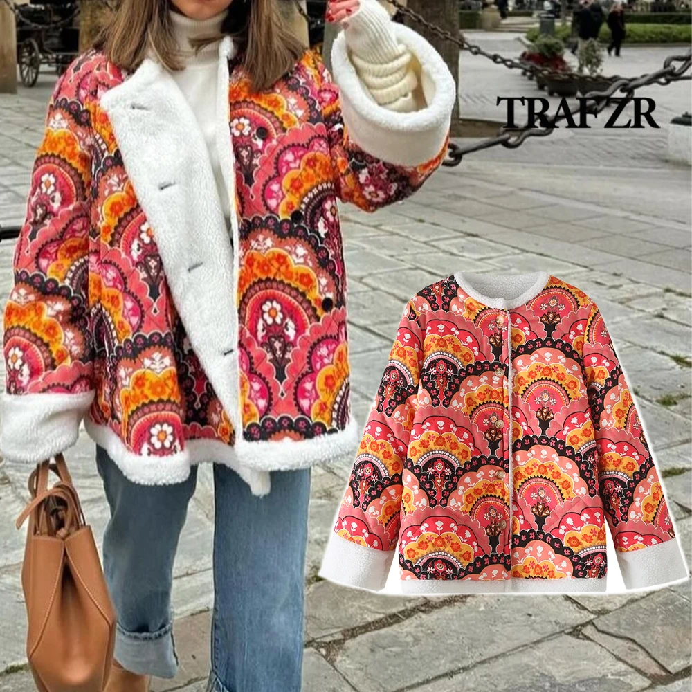 TRAF ZR Elegant Chic Women Coat 2024 Winter Loose Streetwear High Street Faux Sheepskin Cover Up O-neck Plaid Quilted Jacket