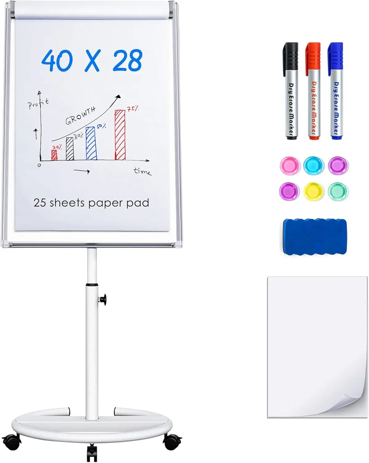 

40x28 Inches Magnetic Portable Whiteboard Stand Easel with Paper Pad, Adjustable Height & Locking Wheels for School Supplies