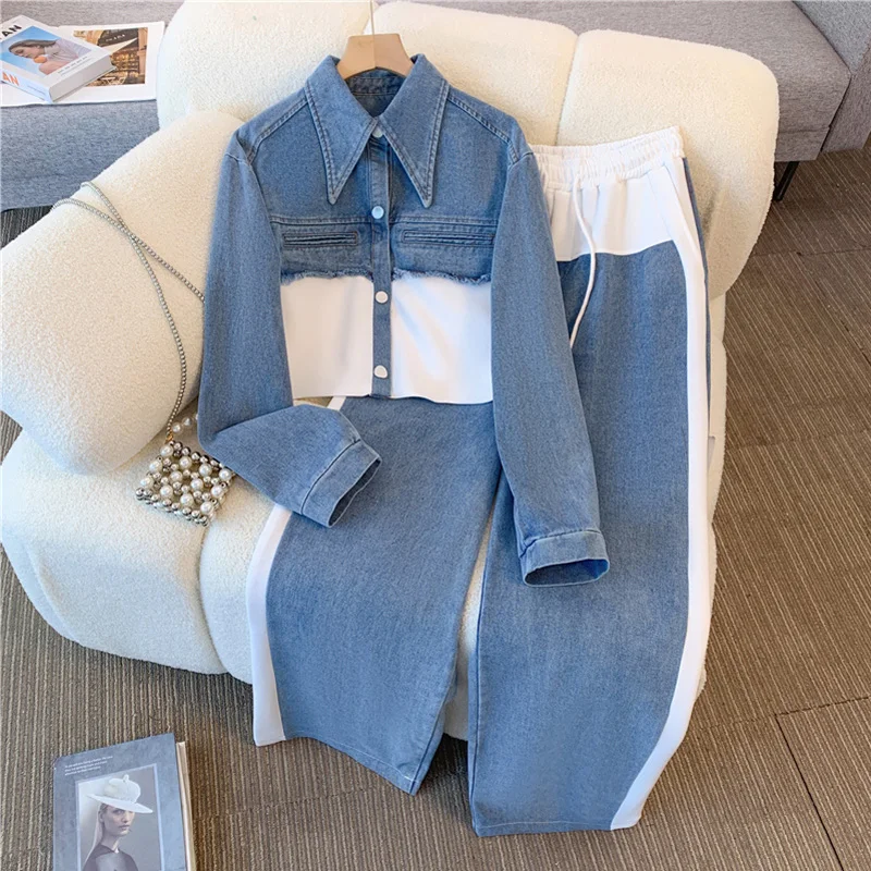 Casual Pant Sets Denim Splicing 2 Pieces Set Spring Autumn Polo Collar Tops + High Waist Wide Leg Trousers Women Clothing Suit