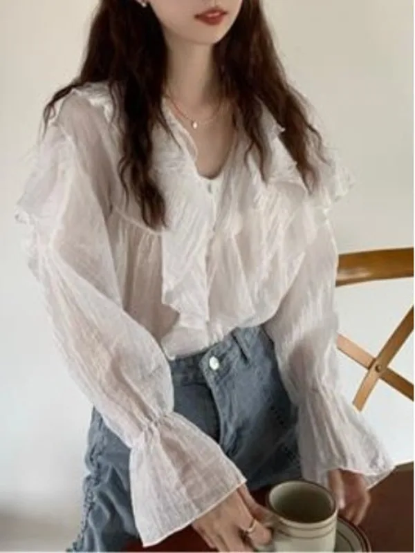 2024 pleated small texture French ruffle edge slightly transparent long sleeved shirt loose spring and autumn season shirt 7UNM