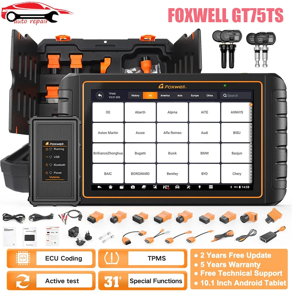 

FOXWELL GT75TS Bi-Directional Scan Tool ECU Coding TPMS Service FCA AutoAuth/Unlock Hidden Function OBD2 Car Diagnostic Scanner