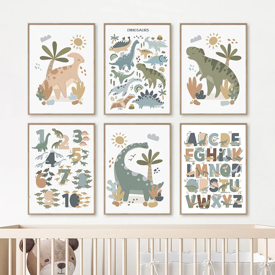 

Boho Number Alphabet Dinosaur Cartoon Nursery Nordic Posters And Prints Wall Art Canvas Painting Pictures Baby Kids Room Decor