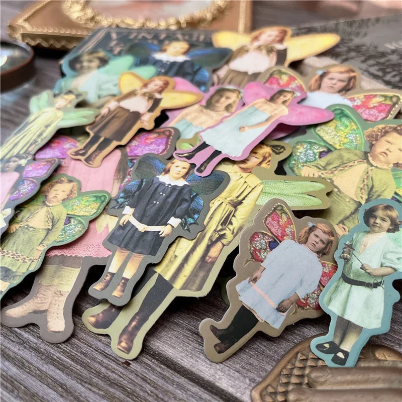 16Pcs Vintage Fairy Wings Child Stickers Collage Junk Journal Ephemera Tim Holtz Style Aesthetic Stickers Scrapbooking Material