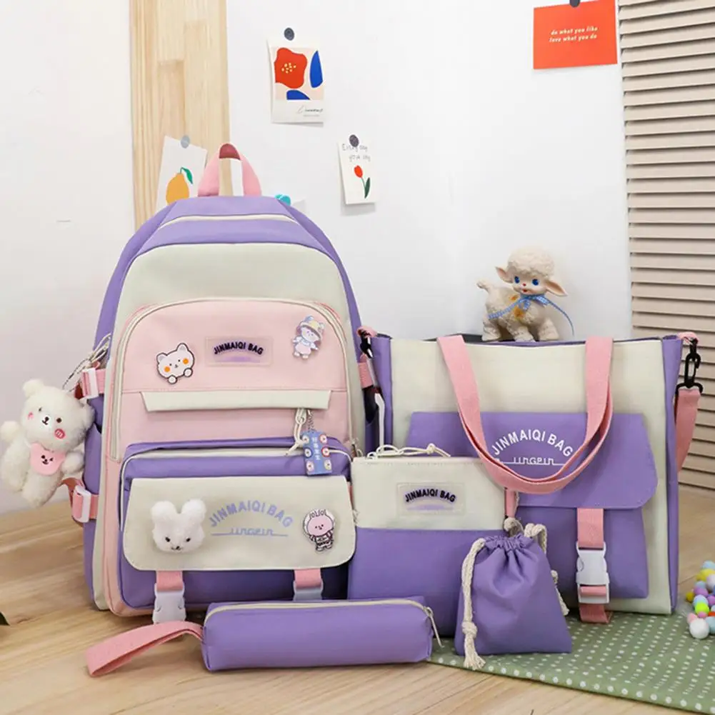 5Pcs/Set Fashion Large Capacity Cute School Bag Anti-scratch Multi Pockets Backpack Handbag Pencil Case Double Shoulder Backpack