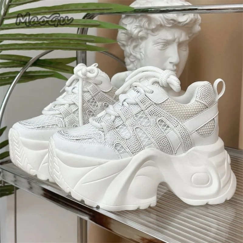 14cm Women Platform Chunky Sneakers Breathable Mesh Lace Up Dad Shoes Thick Sole Height Increasing Casual Walking Shoes Size 40 image 5