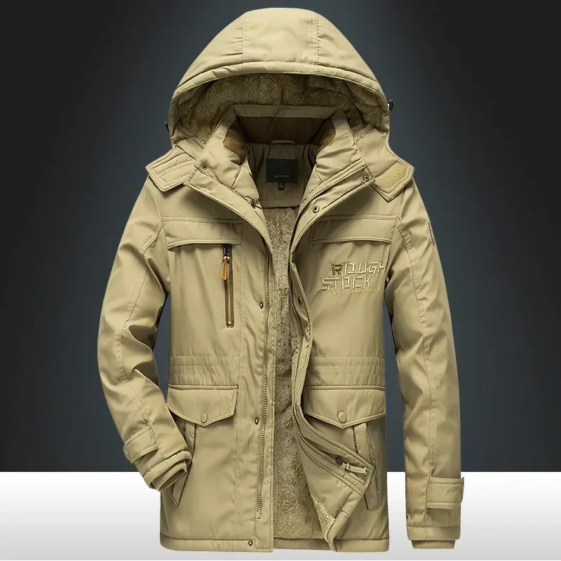 2024 New Winter Warm Jacket Men\'s Trendy Brand Fleece-lined Thickened Detachable Hat Parka Hiking Hunting Work Cold-proof Coat