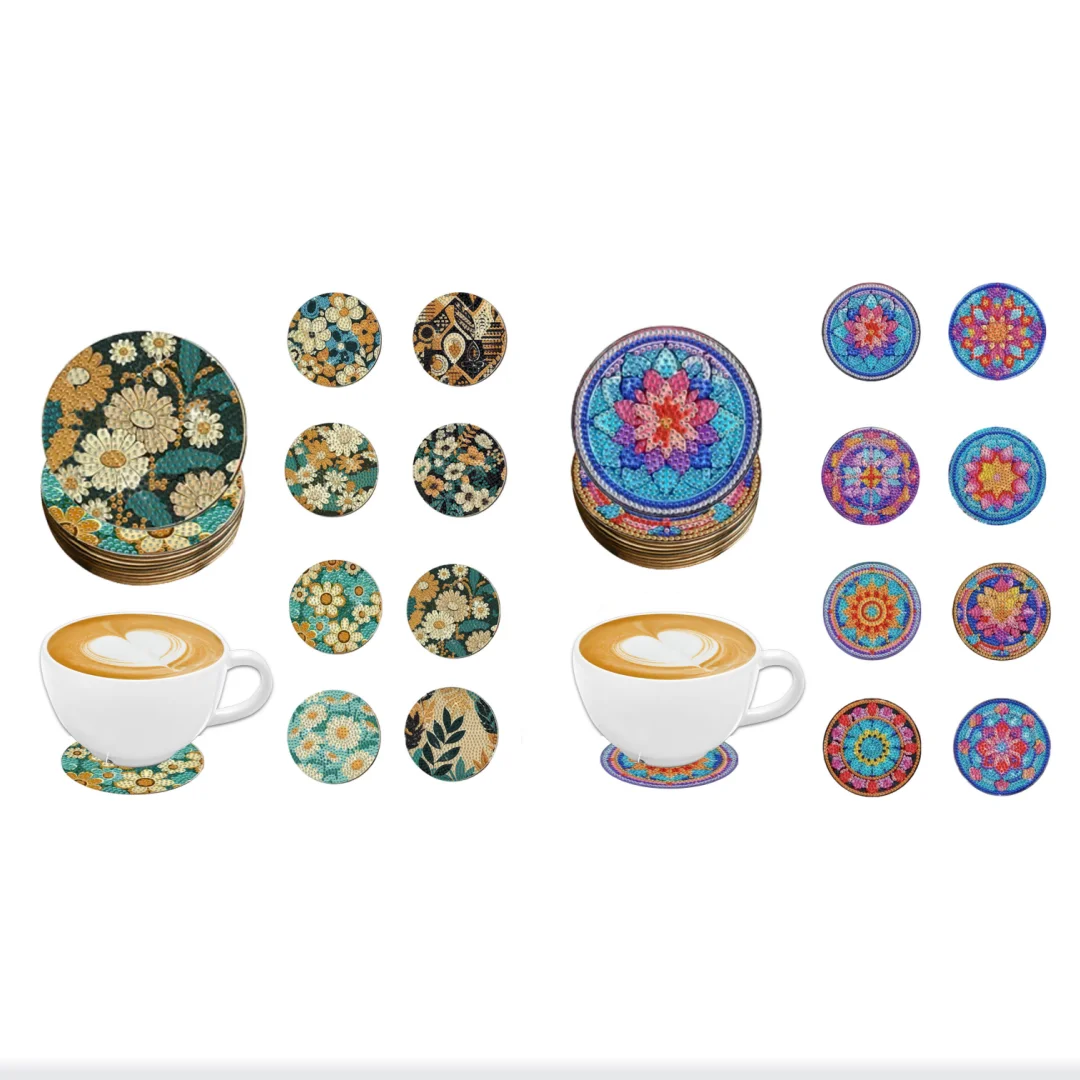 8 مجموعات من اللوحات الماسية التي تصنعها بنفسك بأنماط زهور ماندالا، وأكواب خشبية مضادة للانزلاق، وغرفة المعيشة، والمطبخ