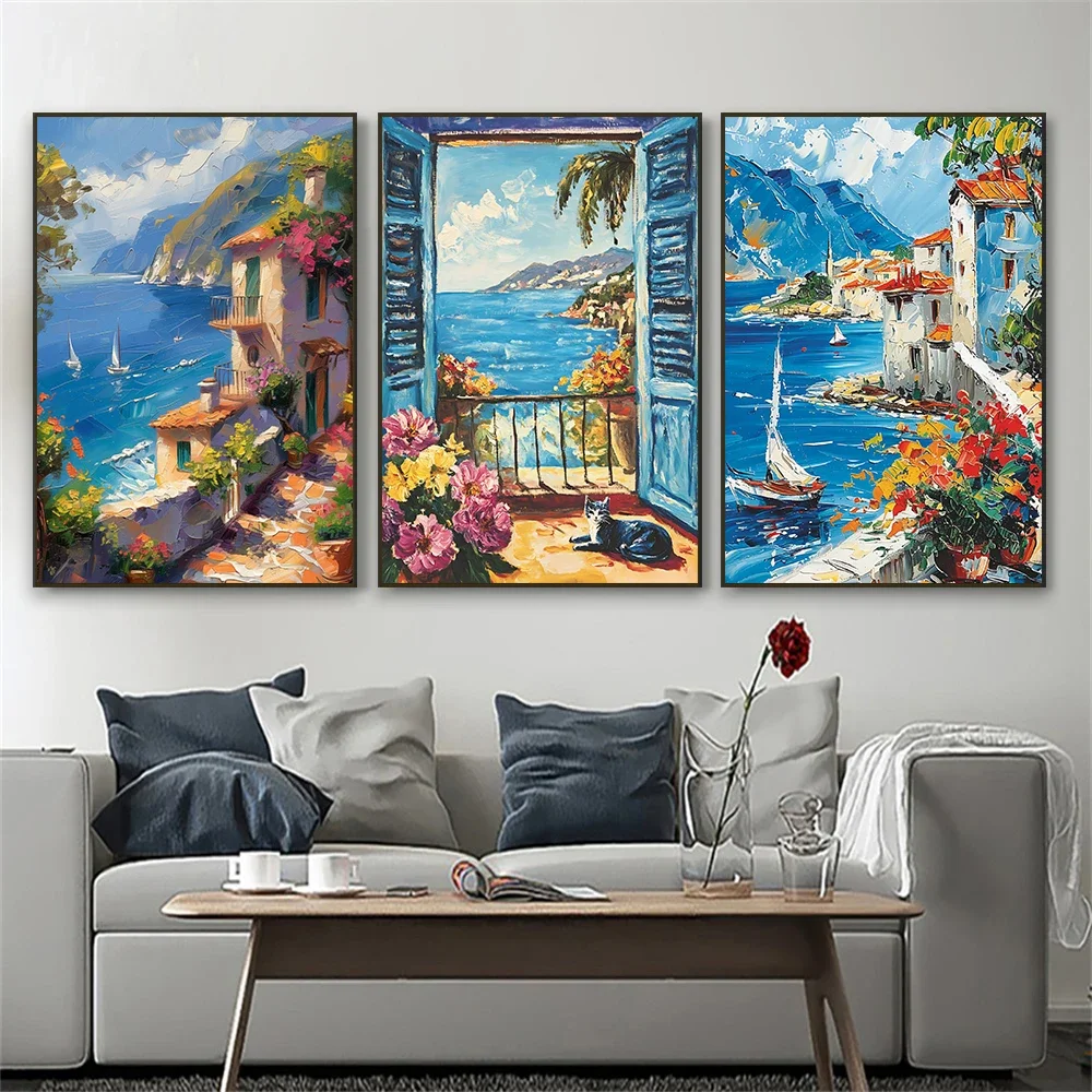 1pc frameless Canvas Painting Mediterranean Poster Coastal Balcony View Travel Print Santorini Church Art Print Greek Island Lan