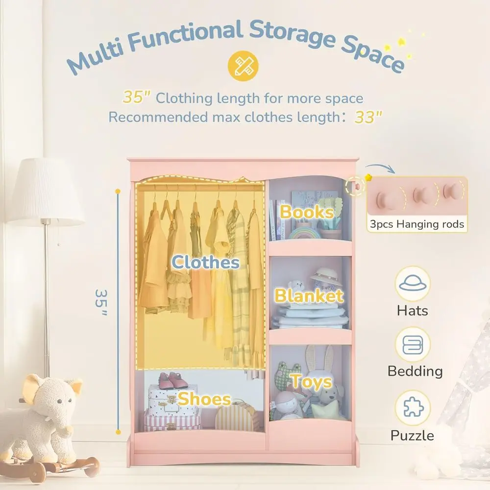 子供用ドレスアップ収納、フラワーミラー付き、子供用オープンハンギングクローゼットワードローブ、子供用アールモワール＆コスチュームオーガナイザー（寝室用）