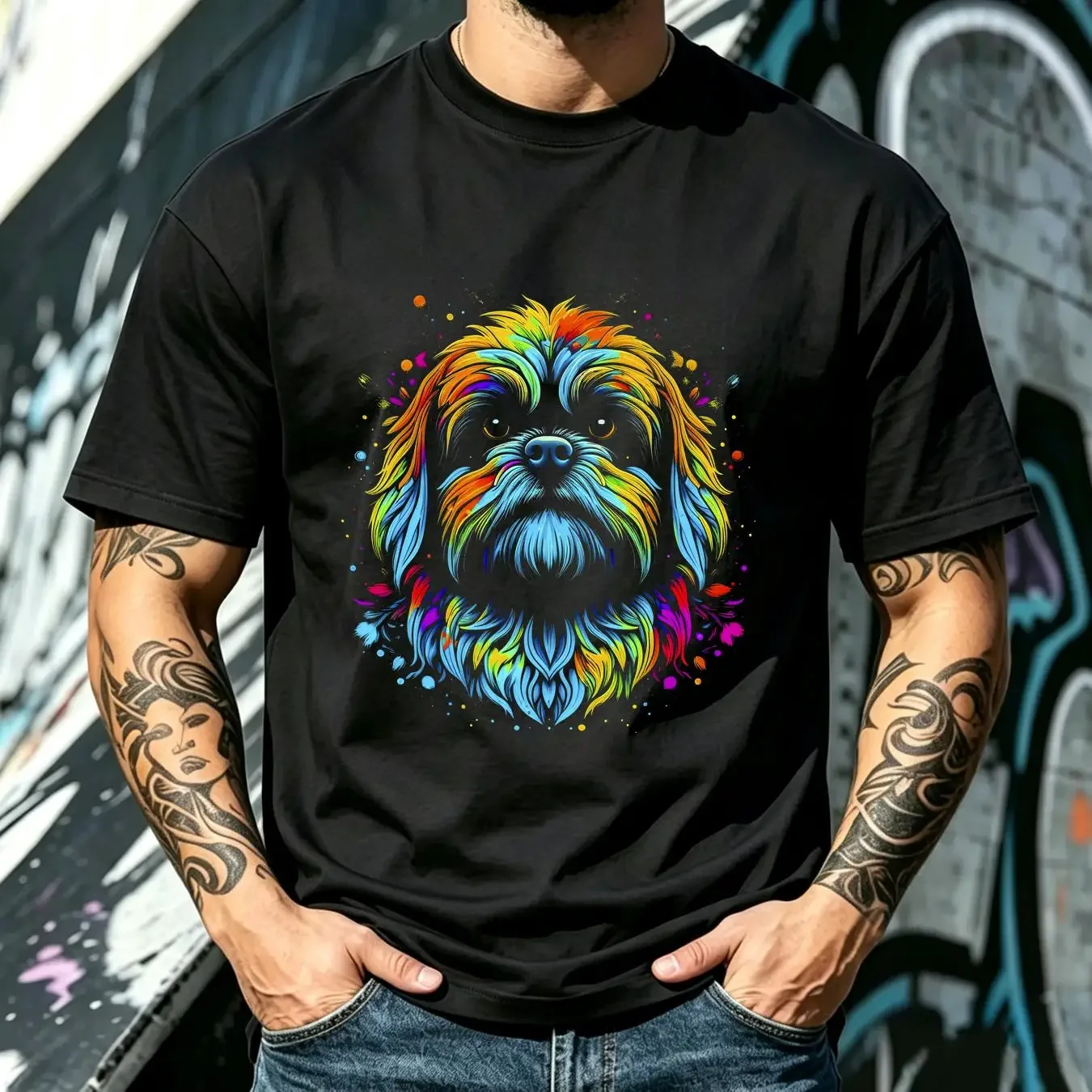washed T Shirt Lhasa Apso Psychedelic Dog Art Owner Vibrant Colorful Bright Watercolor Rainbow long or short sleeves vintage