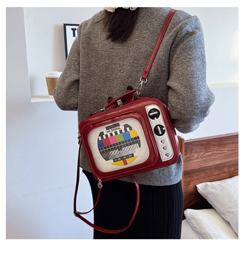 Nesitu PU Leather Novelty Tv Shape Retro Television Women Shoulder Messenger Bag Crossbody Unique Backpack with Inserts M3220