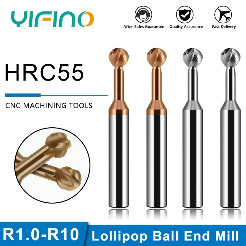 YIFINO HRC55 Tungsten Steel Carbide Lollipop Ball End Mill 2-Flute Arched Arc R Milling Cutter For Aluminum/Steel Endmills Tools