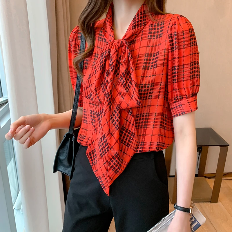 2024 Summer New Fashion Short Sleeve Top Red Plaid Shirt Women's Lace-up Chiffon Blouse