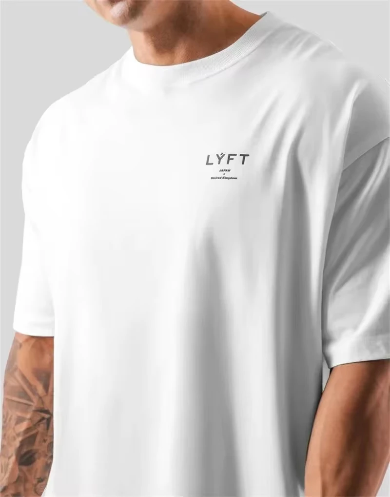 ONE POINT LYFT Print Big T Shirt Men Running Sport Gym Fitness Training Oversize 100% Cotton T-shirt Mens Bodybuilding Tee Tops