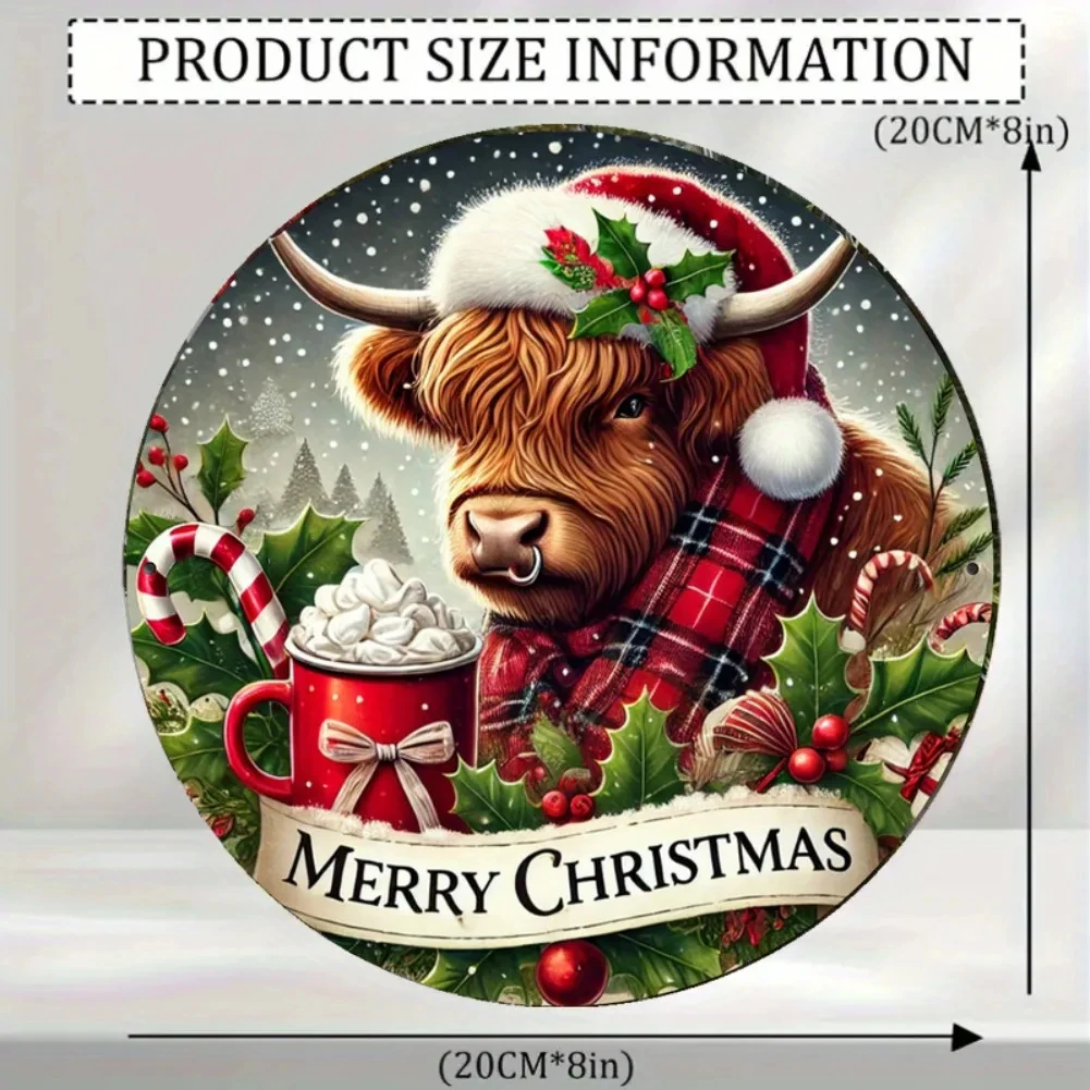 Retro Nostalgic Highland Cow Christmas Round Metal Tin Sign——2D Flat Product Design, Enhances Depth and Artistic Details, Fe