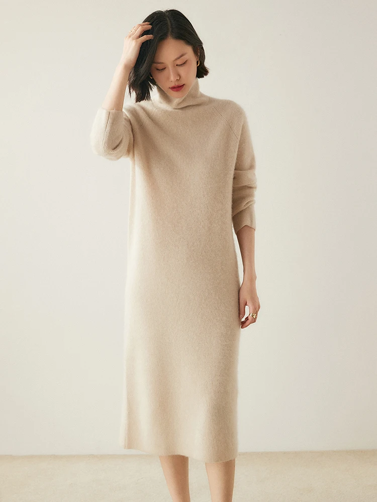 Women 100% Cashmere Sweater Dresses Turtleneck One-piece Dresses Autumn Winter Thick Soft Cashmere Knitwear Grace Simple Style