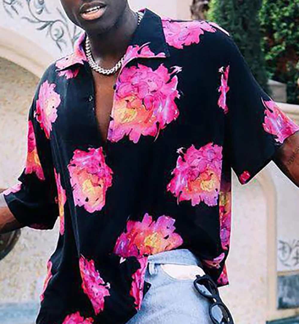 

Fashion Lapel Short Sleeve Flowers Printed Shirt Vacation Summer Beach Seaside Male Clothing Button Shirt Streetwear Men Shirt