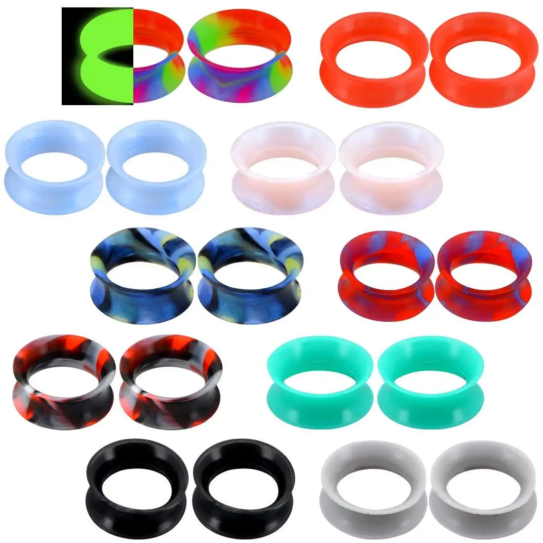 2pcs/20pcs Silicone Flexible Thin Double Flared Flesh Tunnel Plug Piercing Hollow Ear Gauge Expander Stretcher Piercing Jewelry
