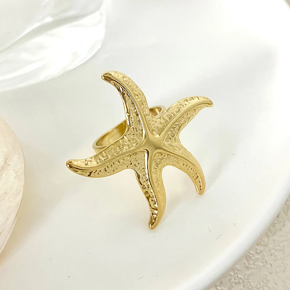 May@RZ Starfish Shaped Stainless Steel Opening Ring 14K Gold Plated Funny Accessories For Men And Women\'s Adjustable Large Ring