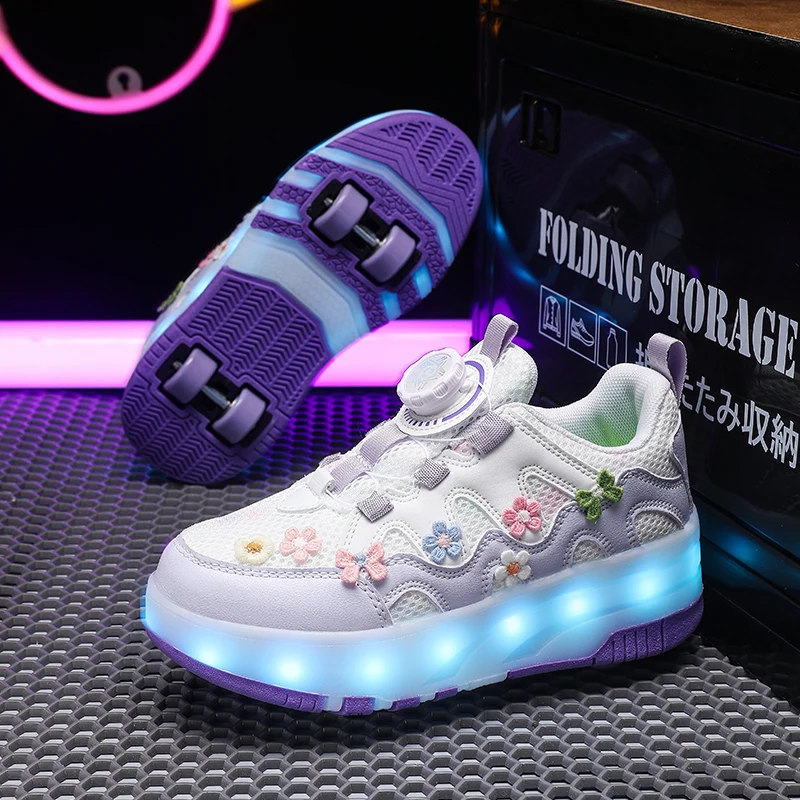 Children Four Wheels Luminous Glowing Sneakers Black Pink Led Light Roller Skate Shoes Kids Led Shoes Boys Girls USB Charging