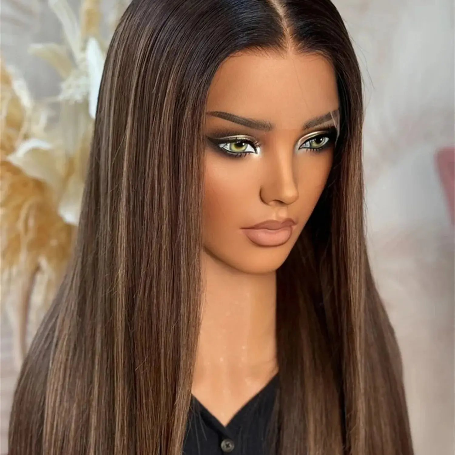 Soft Ombre Middle Brown Soft Synthetic Lace Front Wig Realistic Look Wig Blend 5% Human Hair Gift Wig Not Knotted Straight Hair