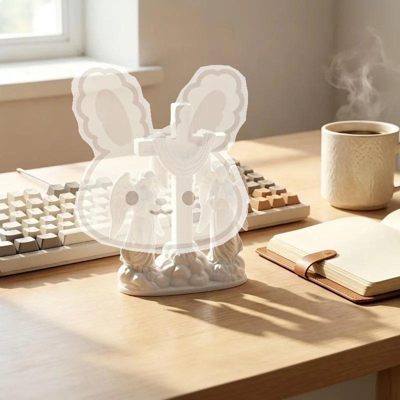 3D Printed High-precision White Cross Figurine with 2 Praying Angels for Home Office Desktop