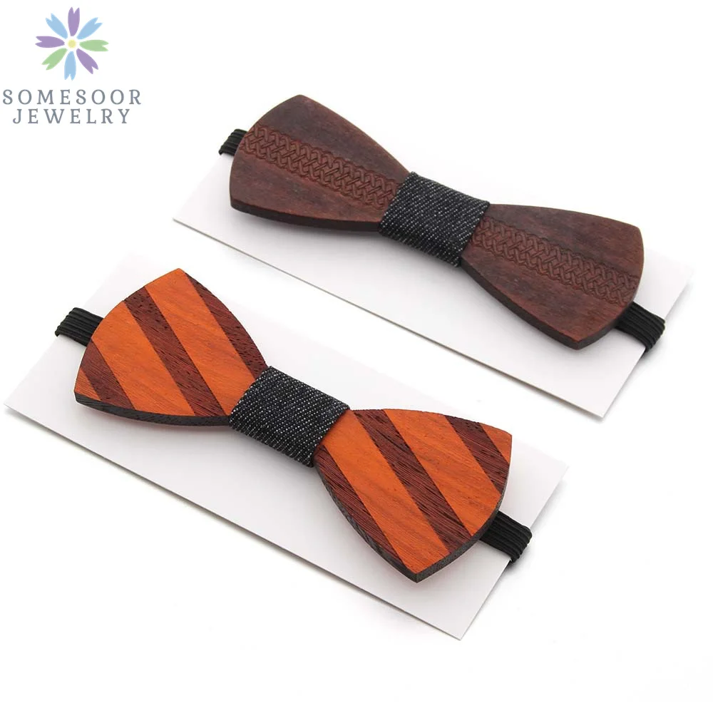 SOMESOOR Classical Brown Wooden Bowtie For Mens Wedding Handmade Carved Wood Neck Ties Adjustable Strap Vintage Gravata Corbatas