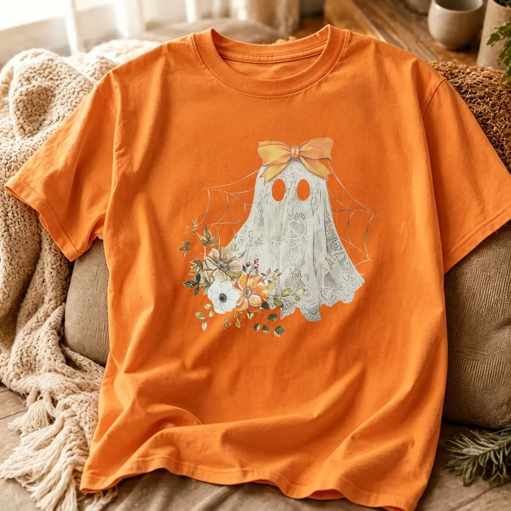 Halloween Cute Lace Ghost with Bow Floral Spider Web Graphic T‑Shirt Retro Fall Flower Pumpkin Print Crew Neck Tees Casual Tops