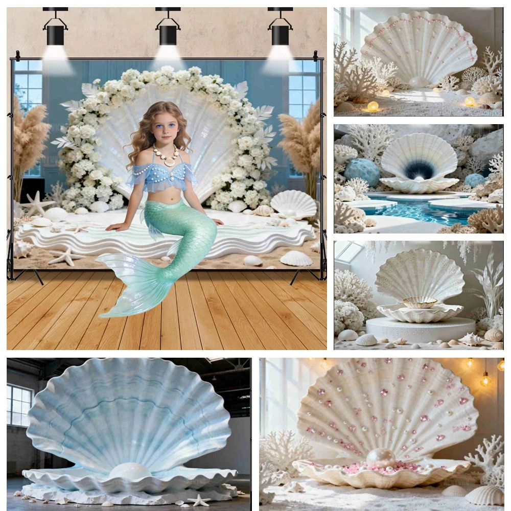 

Mermaid Large White Shell Floral Photography Backdrop with Pearl and Starfish Photo Booth Background Baby Shower Wedding Decor